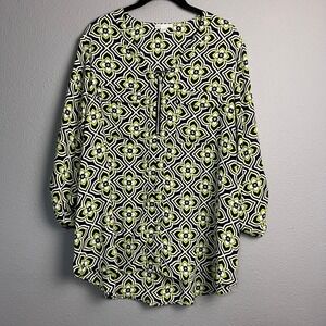 Cato Blouse Sz 14/16W Black Green White Floral Print 3/4 Sleeve Zip Front Career